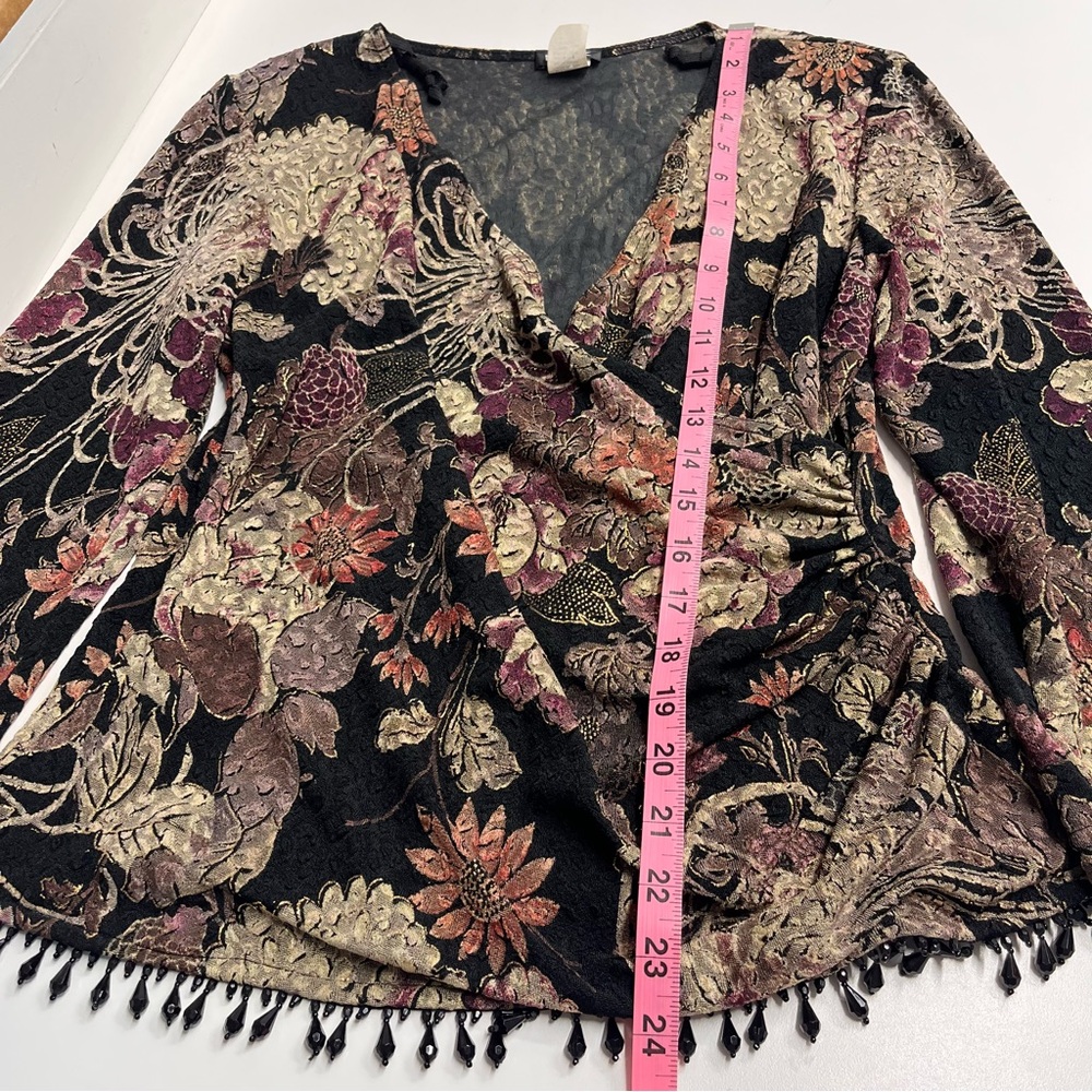 Vintage Y2K MSK Women's Black Floral top beading shoulder pads‎ ruched v neck - Picture 10 of 16